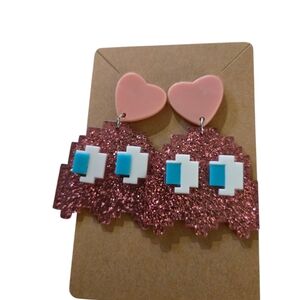 Glittery Pink Fun Cartoon Dangle Earrings.